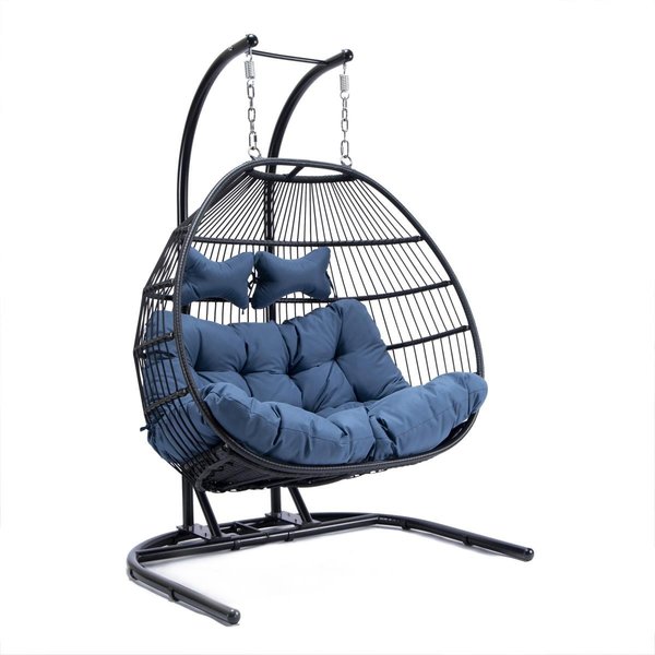 Leisuremod Wicker 2 Person Double Folding Hanging Egg Swing Chair - Navy Blue ESCF52NBU